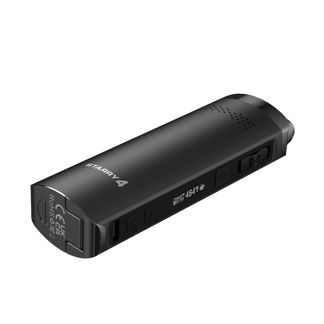 XVape XMAX Starry 4.0 portable dry herb vaporizer in black, side angle view with digital display