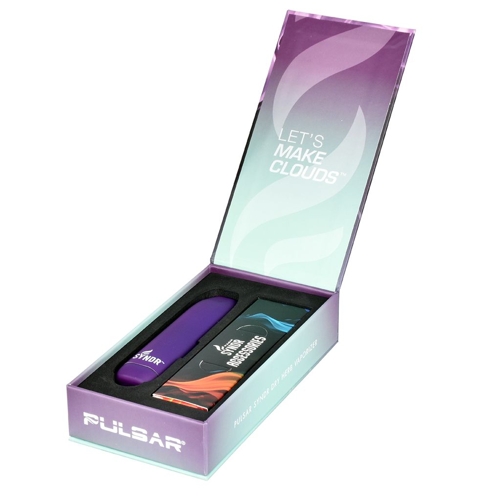 Pulsar Syndr Dry Herb Vaporizer in Fairy Fire, 880mah, packaged view with accessories