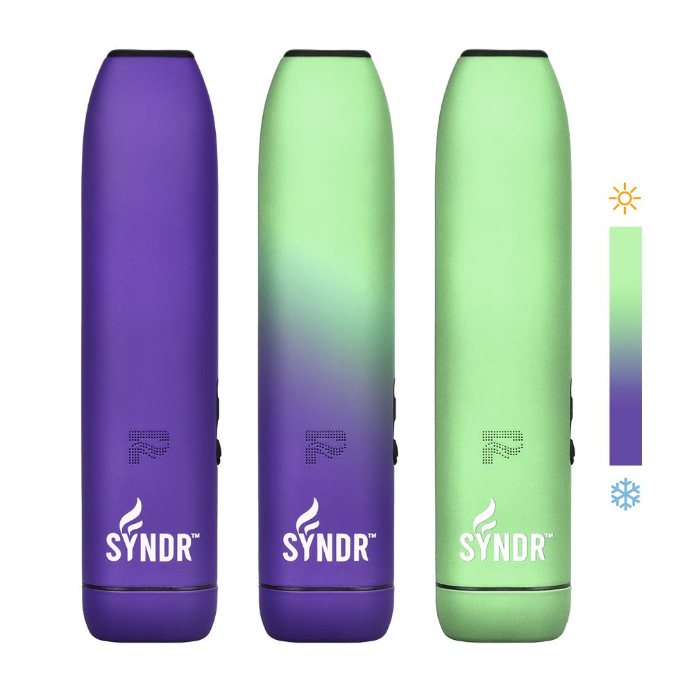 Pulsar Syndr Dry Herb Vaporizers in purple, green, and lime, 880mah battery, front view
