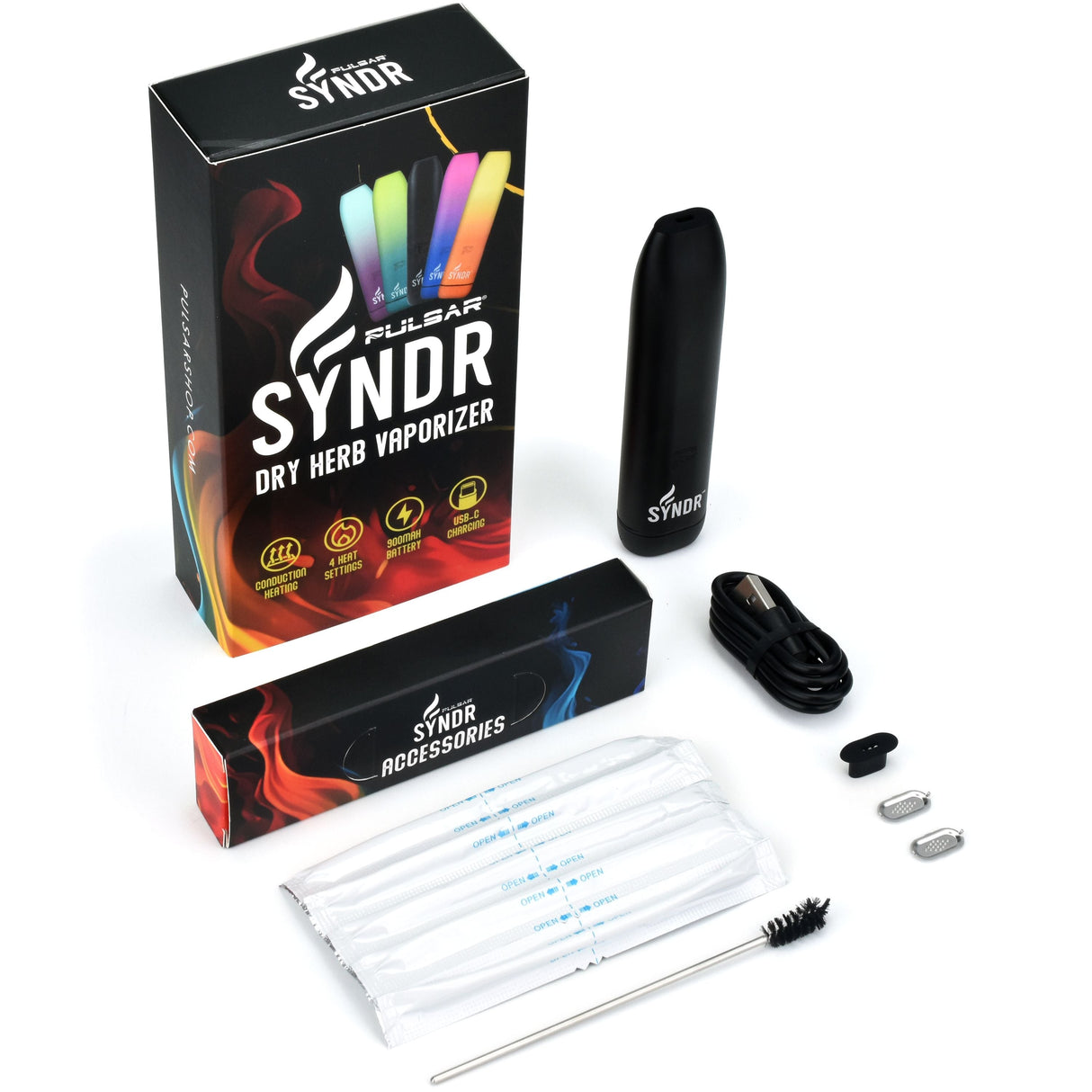 Pulsar Syndr Dry Herb Vaporizer kit with 880mah battery, USB charger, and cleaning tools