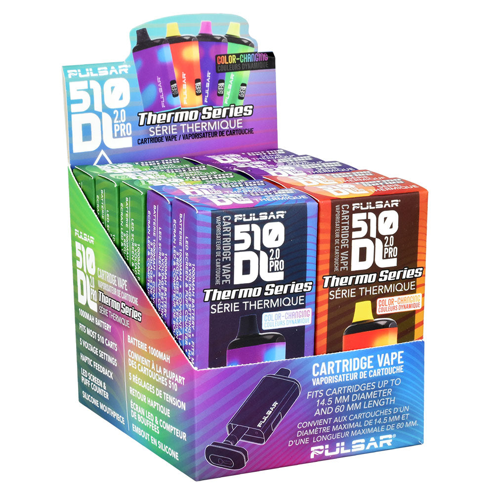 Pulsar 510 DL 2.0 Pro VV Vape Bars on display, Thermo Series, 1000mAh, assorted colors