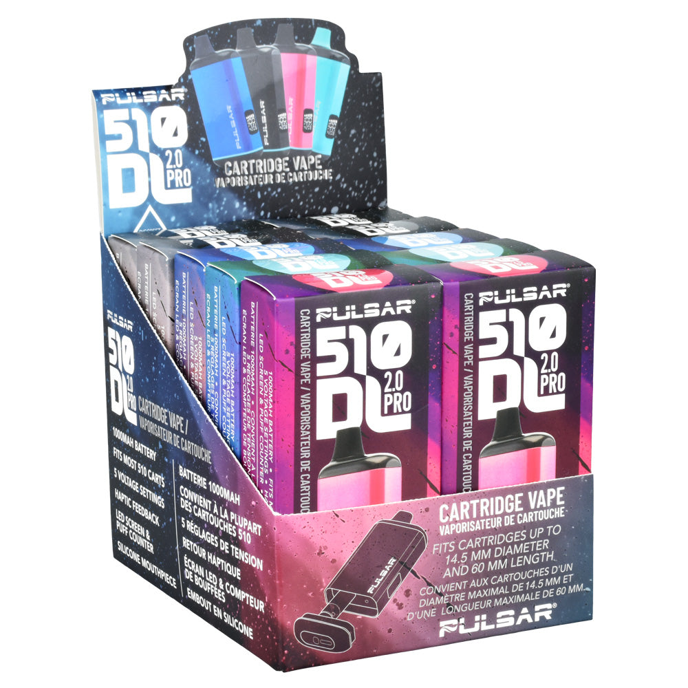 Pulsar 510 DL 2.0 Pro Vape Bars in packaging with assorted colors displayed from an angled view