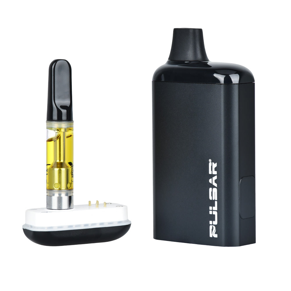 Pulsar 510 DL 2.0 Pro Vape Bar in black with 1000mAh battery, side view with cartridge attached