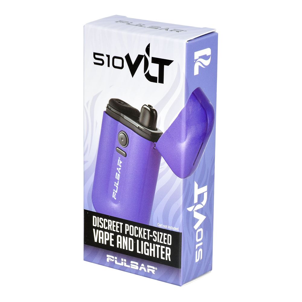 Pulsar VLT 510 Battery Vaporizer in purple, 650mAh, displayed with packaging, front view.