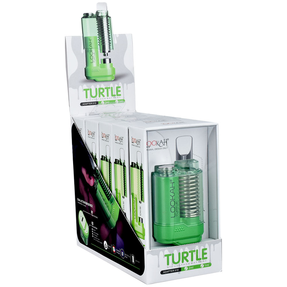 Lookah Turtle 510 Battery in green, 500mAh capacity, 5-piece display box, front view