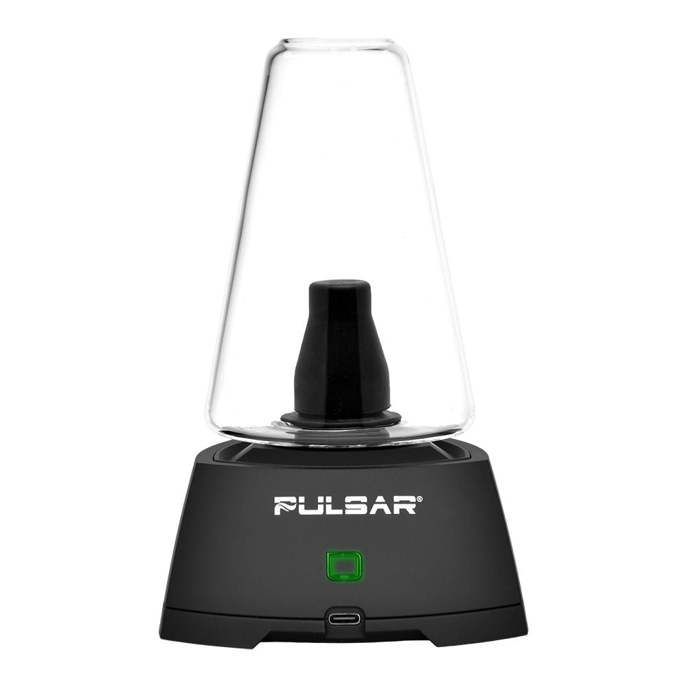 Pulsar Sipper Dual Use Vaporizer in Black, 1500mAh, front view with clear glass top and ceramic insert