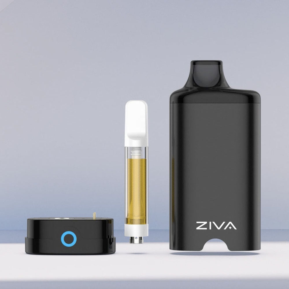 Yocan Ziva VV Auto-Draw 510 Battery front view with cartridge and charger, 650mAh capacity