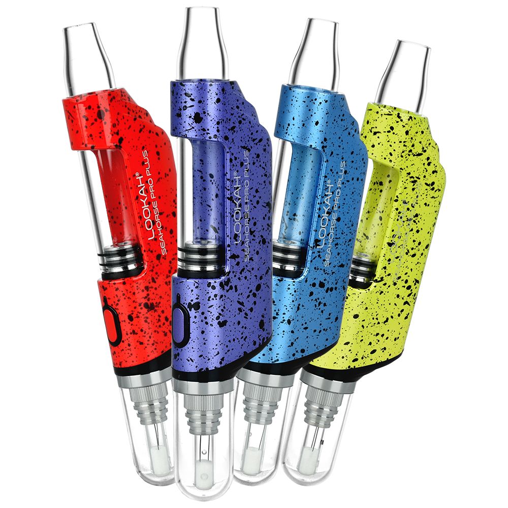 Lookah Seahorse PRO Plus Electric Dab Pens in red, blue, and yellow spatter designs, 650mAh, front view