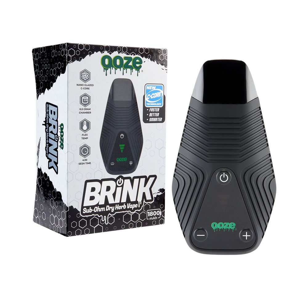 Ooze Brink Dry Herb Vaporizer with 1800mAh battery, front view next to packaging