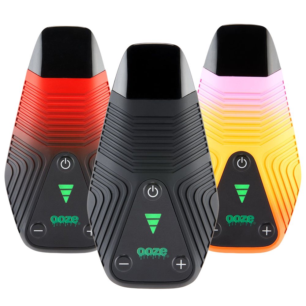 Ooze Brink Dry Herb Vaporizers in red, black, and yellow, 1800mAh battery, front view