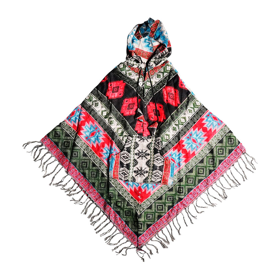 ThreadHeads Poncho with vibrant tribal patterns and hood, displayed flat with fringe details