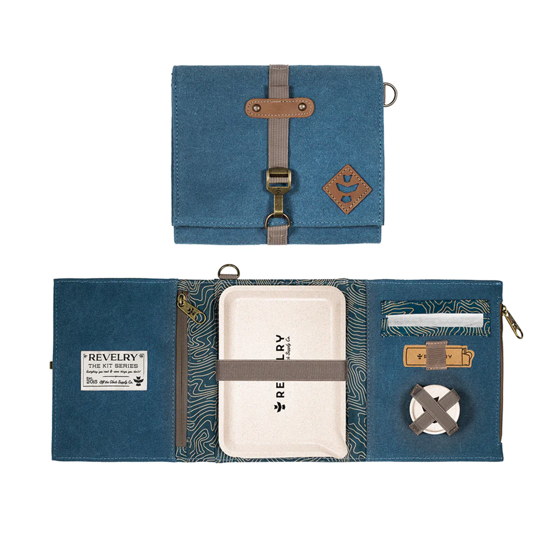 Revelry Supply Smell Proof Rolling Kit in Marine, compact canvas design with rubber seal, 8.5" x 6.5", front and open view