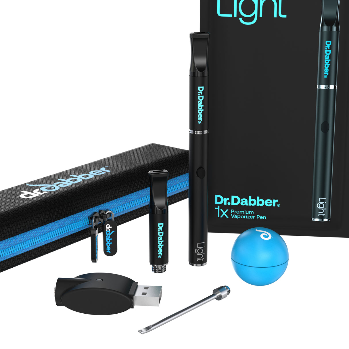 Dr. Dabber Light Vaporizer Kit with USB Charger and Accessories on White Background