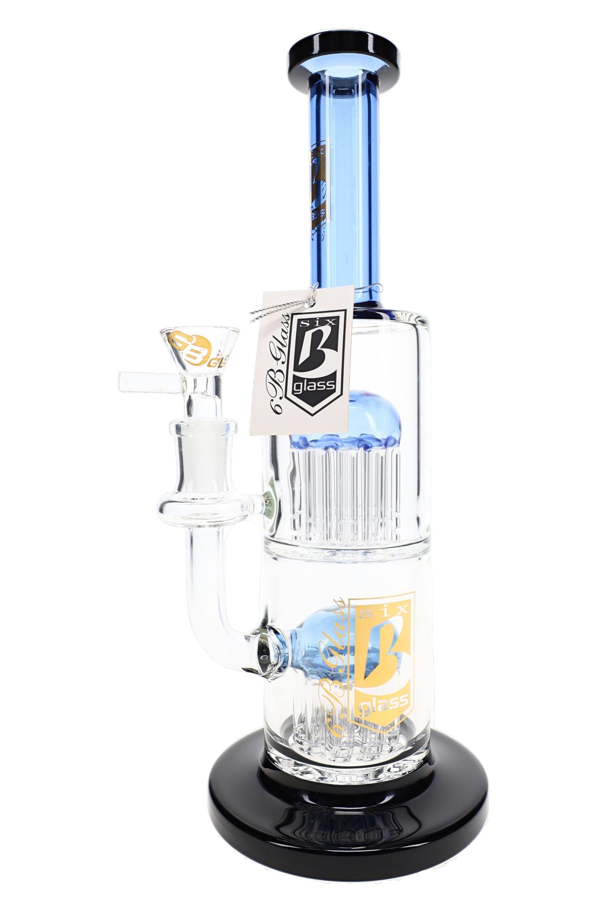 6B Glass 10.5 inch double tree perc bong with blue dome tops, black trim, and a round black base