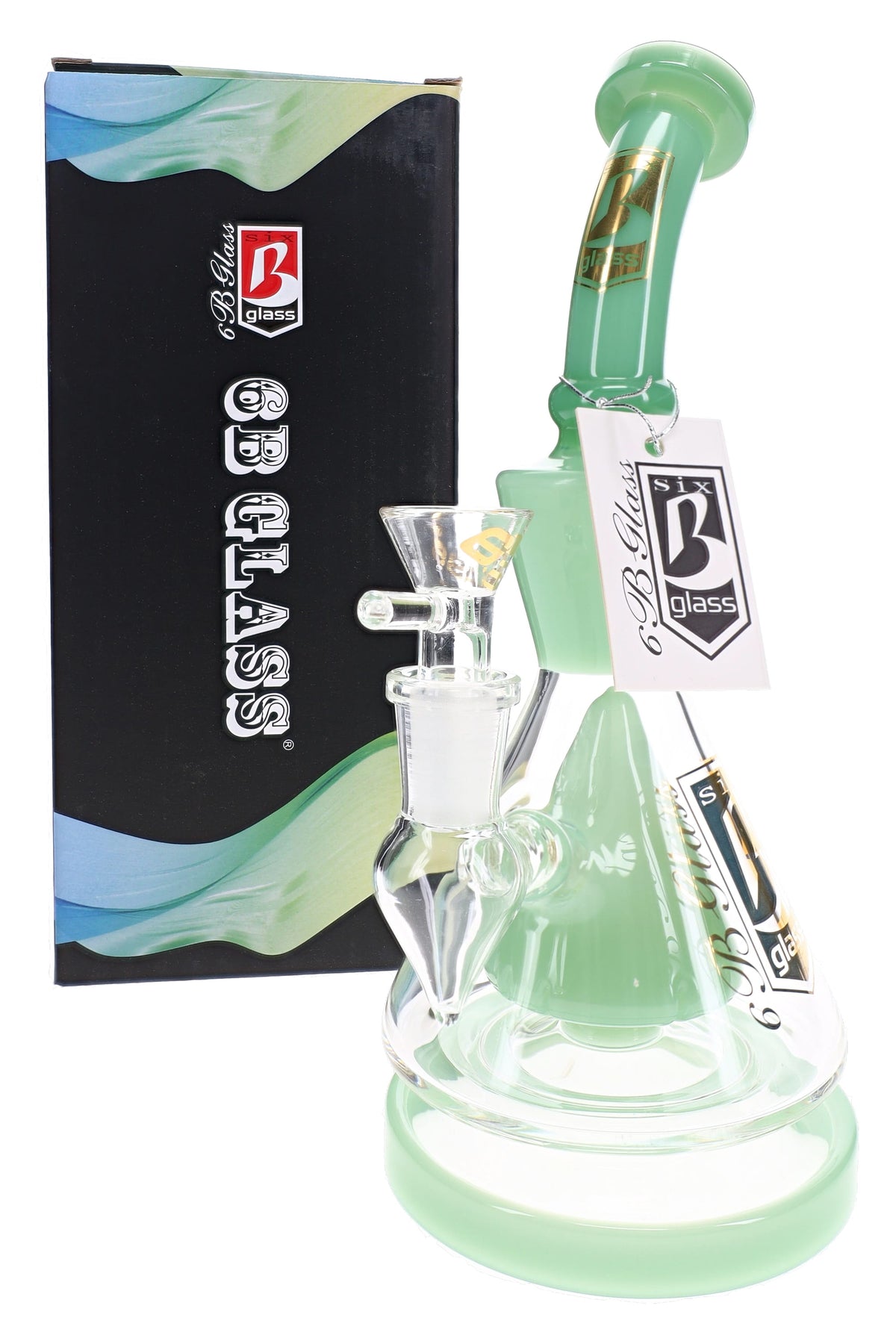 6B Glass cone showerhead perc beaker bong in mint green glass with a curved mouthpiece beside its box