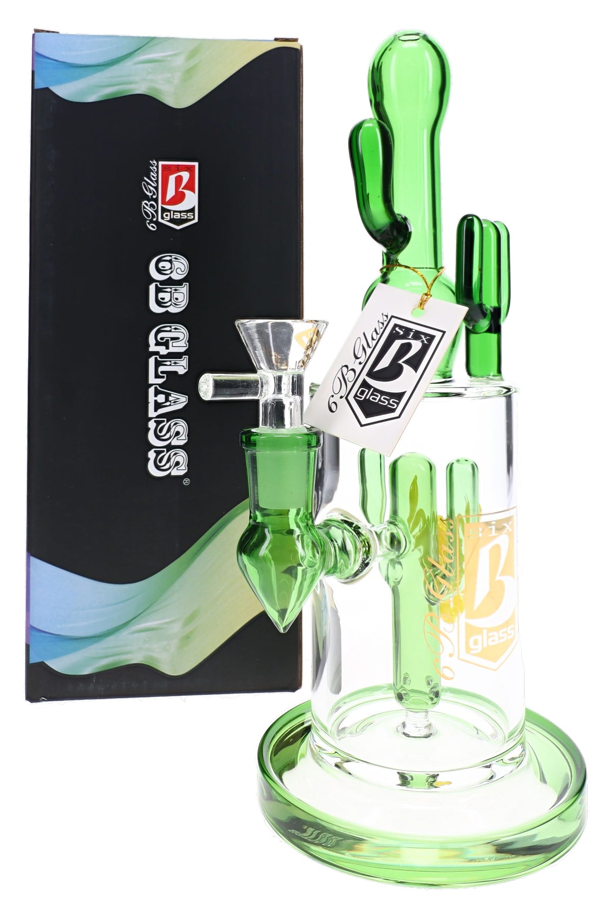 6B Glass Cactus Scorpion Perc 9.5 inch bong in green glass shown beside its black 6B Glass retail box