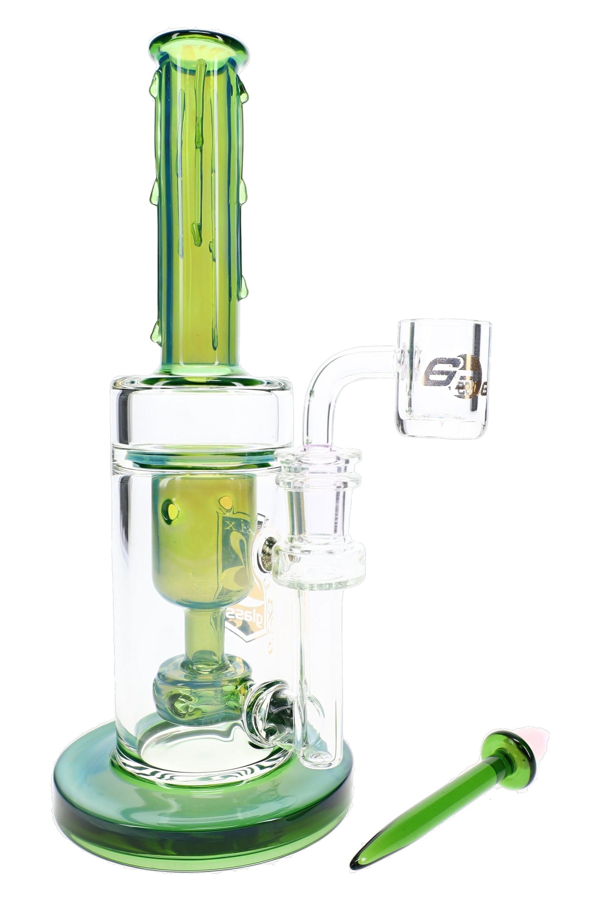 Green fumed 6B Glass 9 inch dab rig with a clear glass banger and a matching green glass dab tool