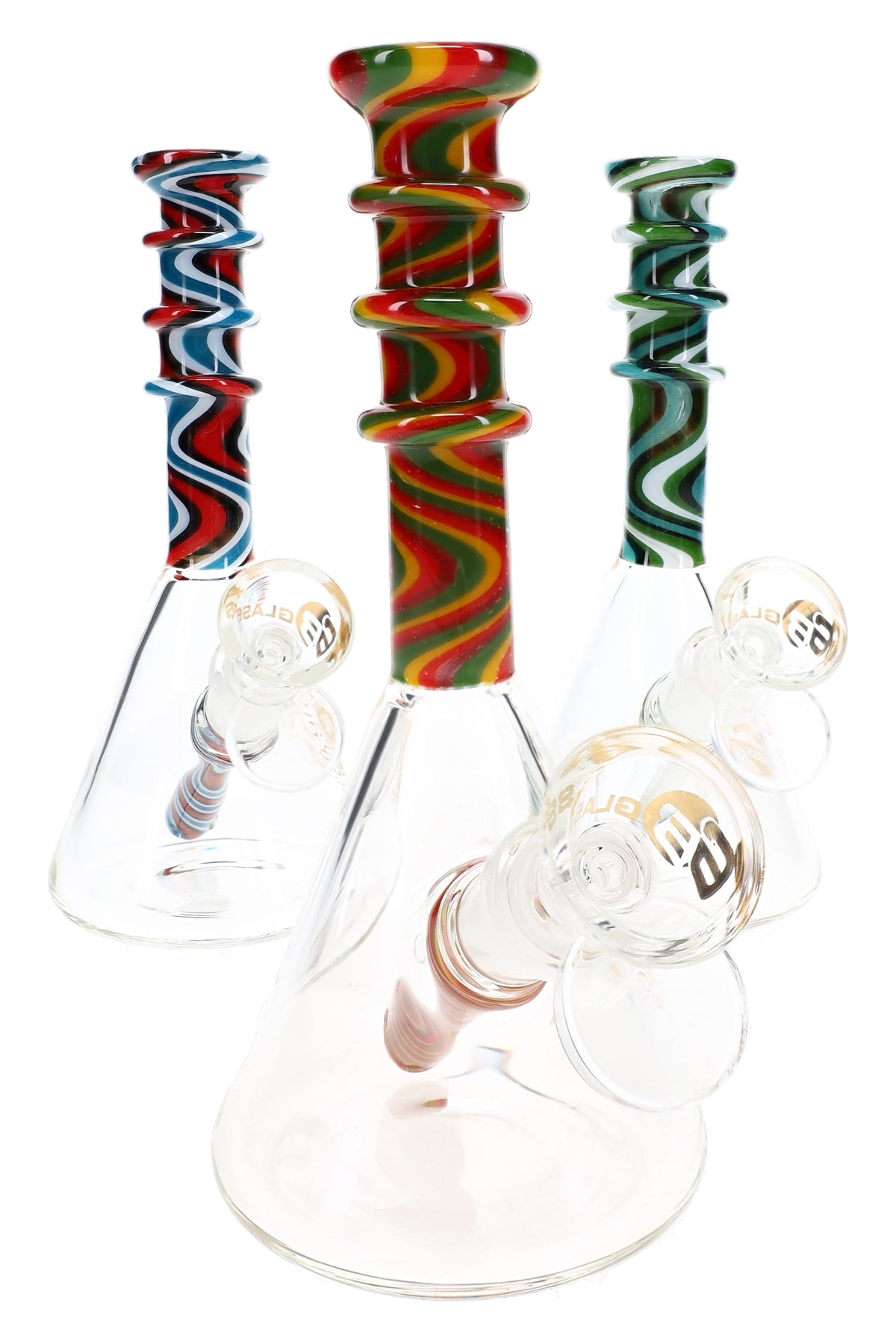 Three 6B Glass reverse beaker bongs with red, orange, and green swirl necks and raised glass rings