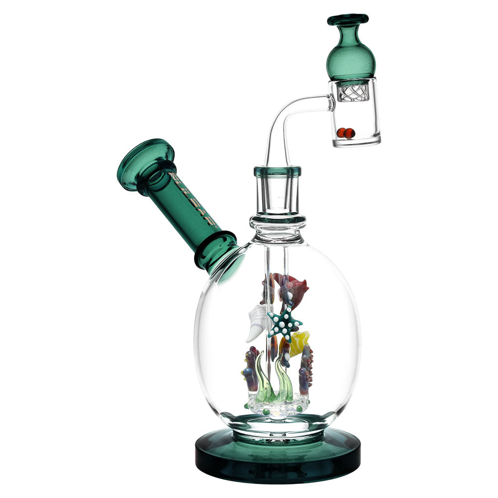 Pulsar Aquatic Fantasy Teal Glass Dab Rig Set, 6.5", with Intricate Marine Life Design