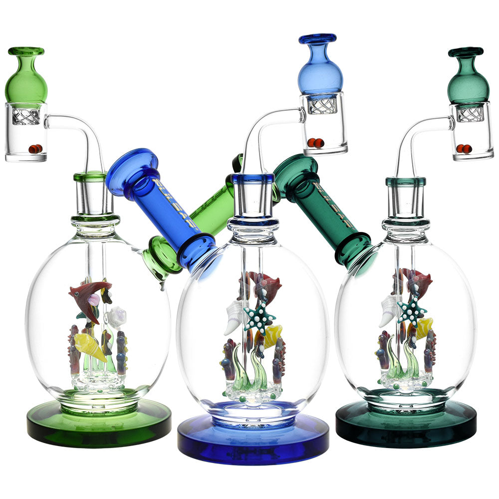Pulsar Aquatic Fantasy Glass Dab Rig Set in various colors, 6.5" tall, 14mm female joint, front view