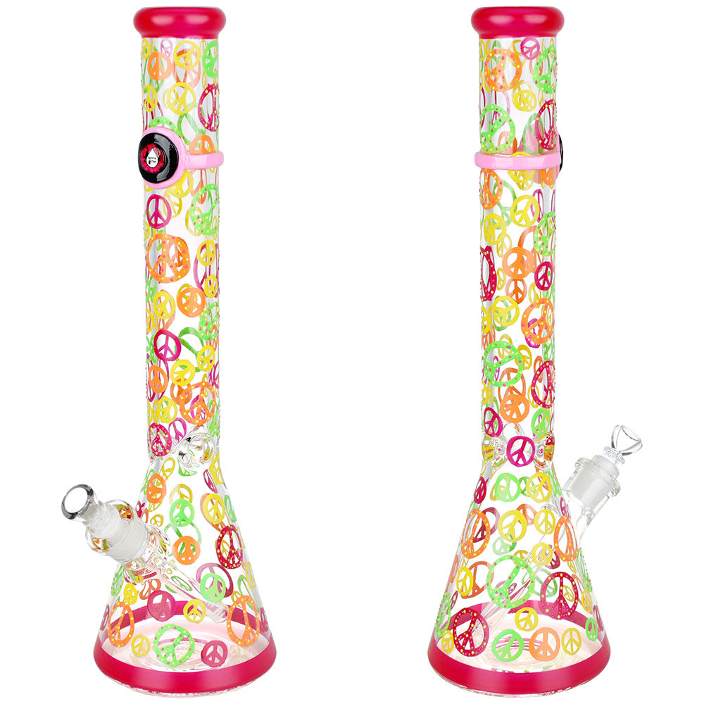 Pulsar Peacekeeper Glow Beaker Water Pipe with colorful peace signs, front and angle view