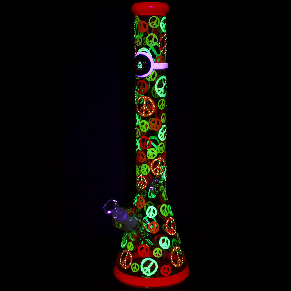 Pulsar Peacekeeper Glow in the Dark Beaker Water Pipe, 18" tall with a 14mm bowl, front view
