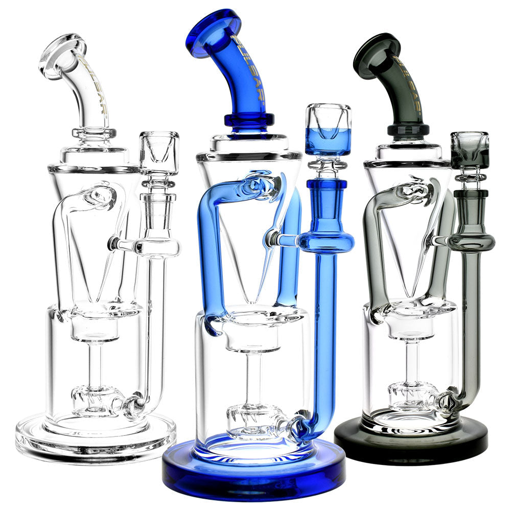 Pulsar Gravity Drip Recycler Water Pipes in clear, blue, and black variants with 14mm female joint