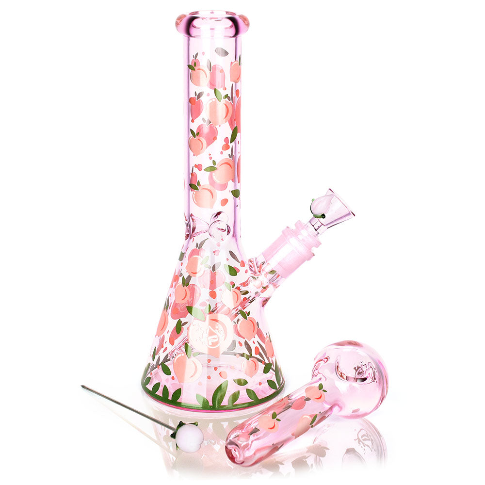 Pulsar Peaches & Cream Herb Pipe, 10" Glow Duo with 14mm Bowl, Front View on White Background