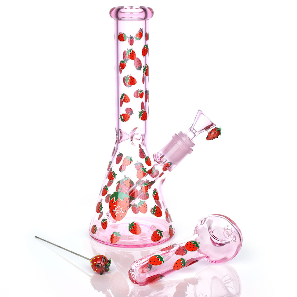 Pulsar Strawberry Cough Herb Pipe in pink with strawberry design, 10" tall, 14mm front view