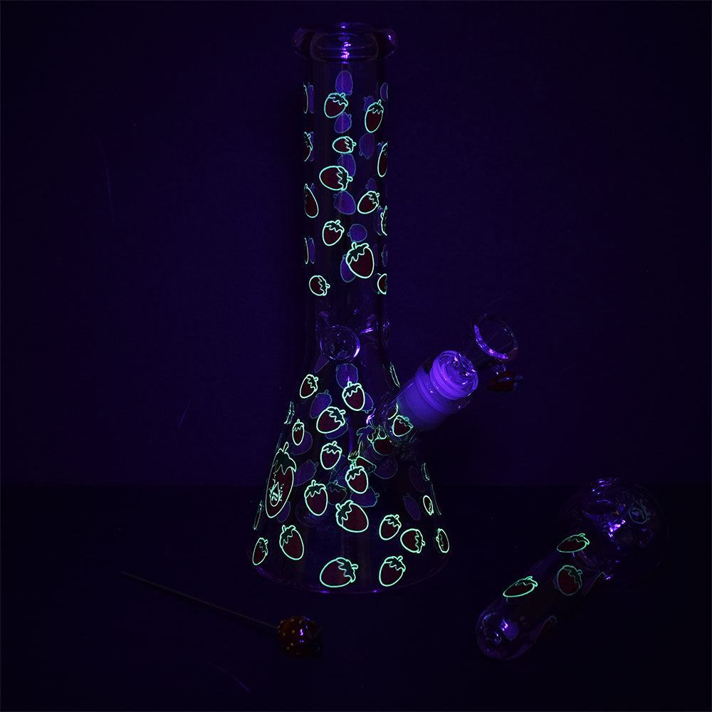 Pulsar Strawberry Cough Glow Duo Bong, 10" 14mm, Front View in Dark, Borosilicate Glass