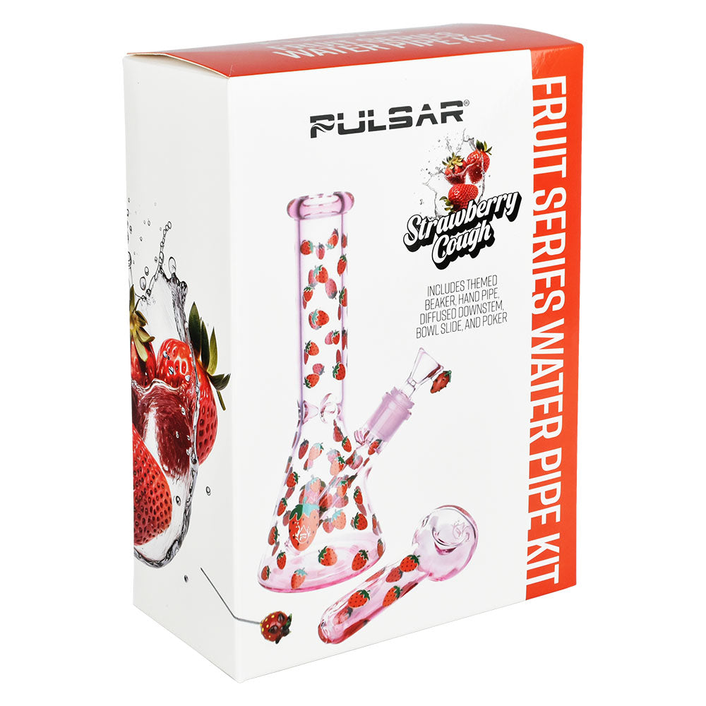 Pulsar Fruit Series Strawberry Cough Herb Pipe with 14mm Joint - Front View with Packaging