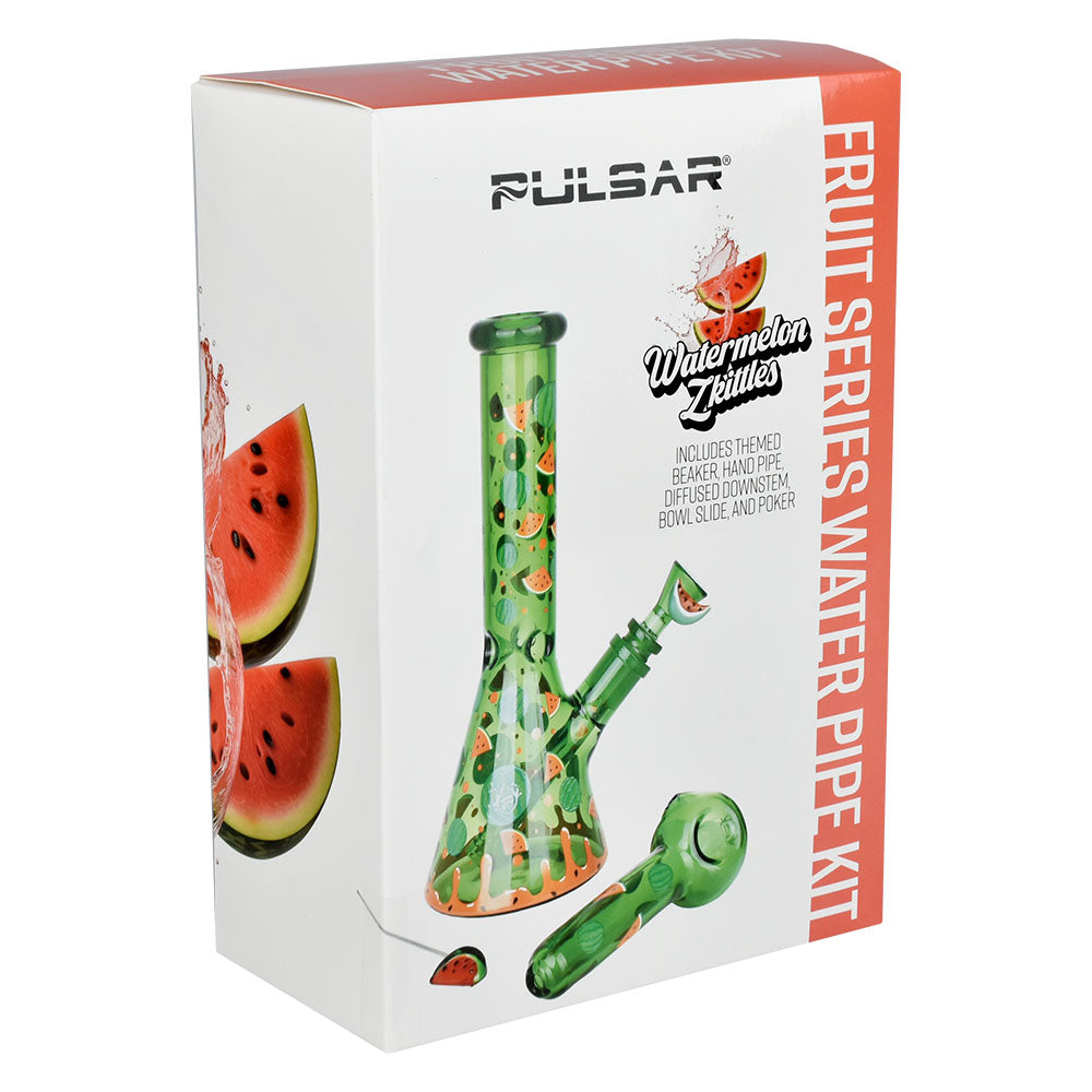 Pulsar Watermelon Zkittles Glass Bong with Herb Pipe, 10" Front View on White Background