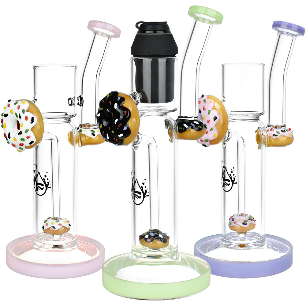 Pulsar Donut Water Pipes for Puffco Proxy with colorful donut designs, front view on white background