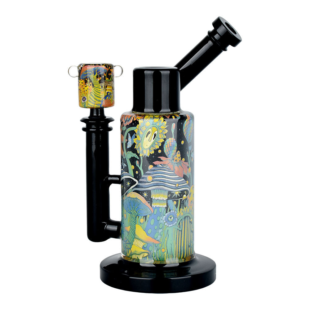 Pulsar Cosmic Delights Water Pipe with vibrant garden print, 8.5" tall, 14mm female joint, front view