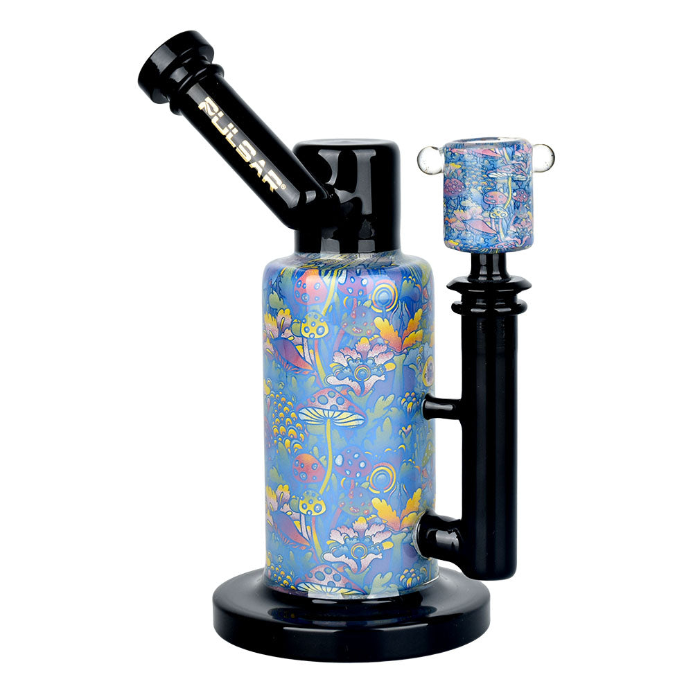 Pulsar Cosmic Delight Water Pipe with Neon Shrooms print, 14mm F, 8.5" tall, front view on white background