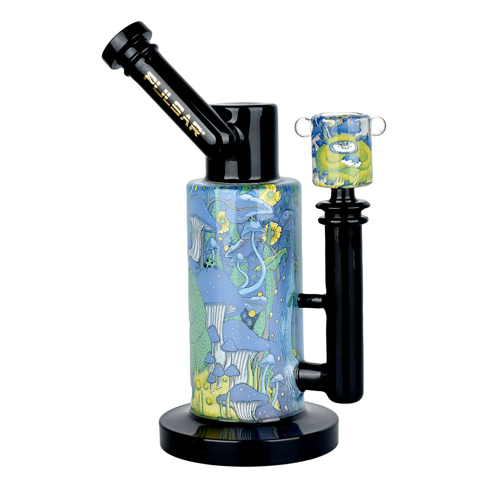 Pulsar Cosmic Delights Water Pipe with intricate garden print, side view, 8.5" height, 14mm female joint