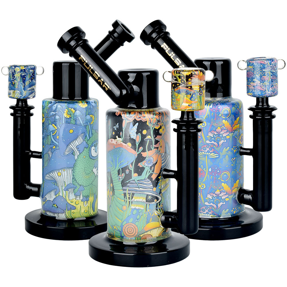 Pulsar Cosmic Delights Water Pipe with vibrant garden print, 8.5" tall, 14mm female joint, multiple views