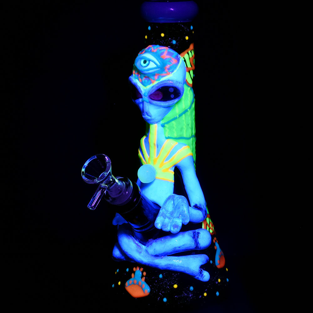Pulsar Artist Series Glow Beaker Water Pipe, 9.5" with 14mm bowl, front view, glowing alien design