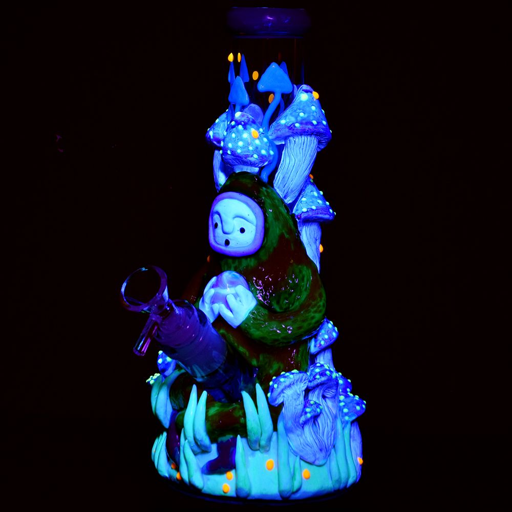 Pulsar Glow Beaker Water Pipe with intricate colored glass design, front view, glowing in dark