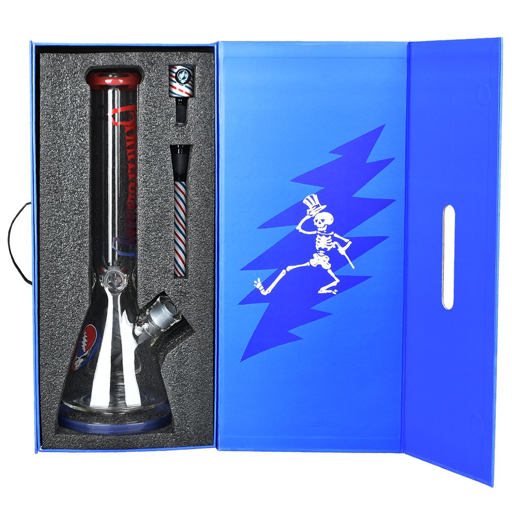 Pulsar Grateful Dead Liberty Beaker Glass Bong with Ice Catcher, front view, in a blue box