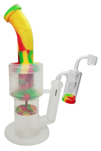 Waxmaid 14MM Male 90Β° Glass Reclaim Catcher, clear borosilicate with colorful accents