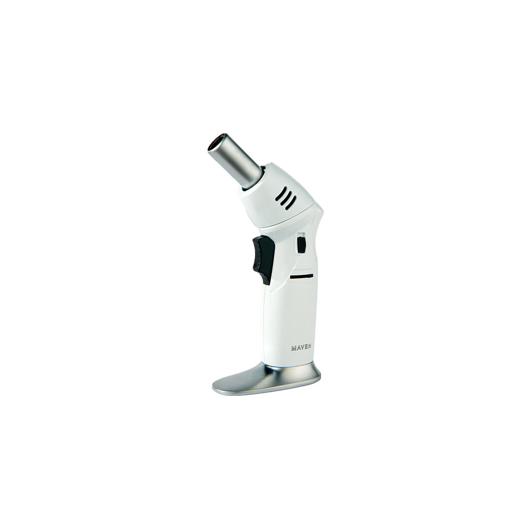 Maven Torch Model T White Butane Lighter with Adjustable Jet Flame, Front View on Seamless White Background