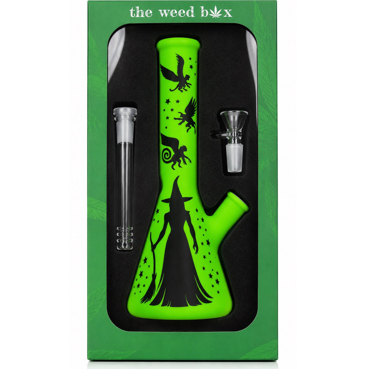 The Weed Box 10 inch Oz beaker bong in branded green packaging, bright green glass with witch and flying monkey art