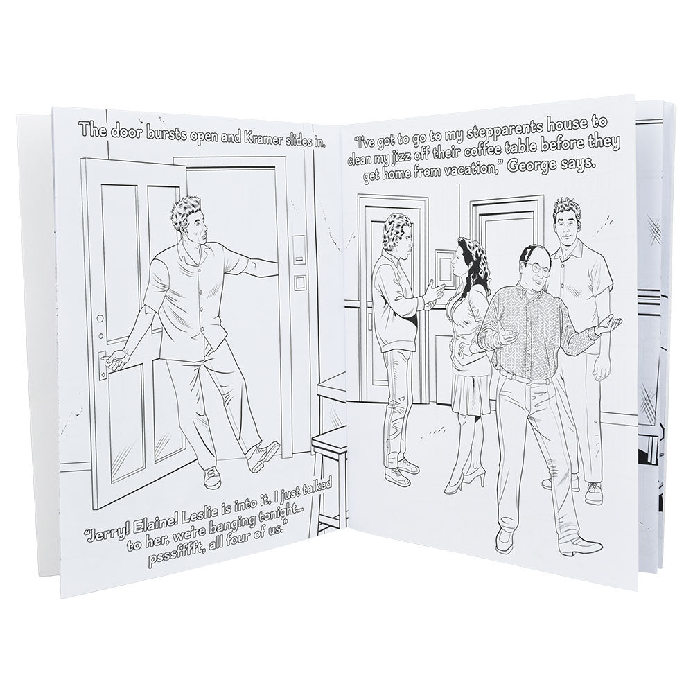 Wood Rocket Sexfeld Adult Coloring Book open to a humorous scene, 8.5" x 11" size