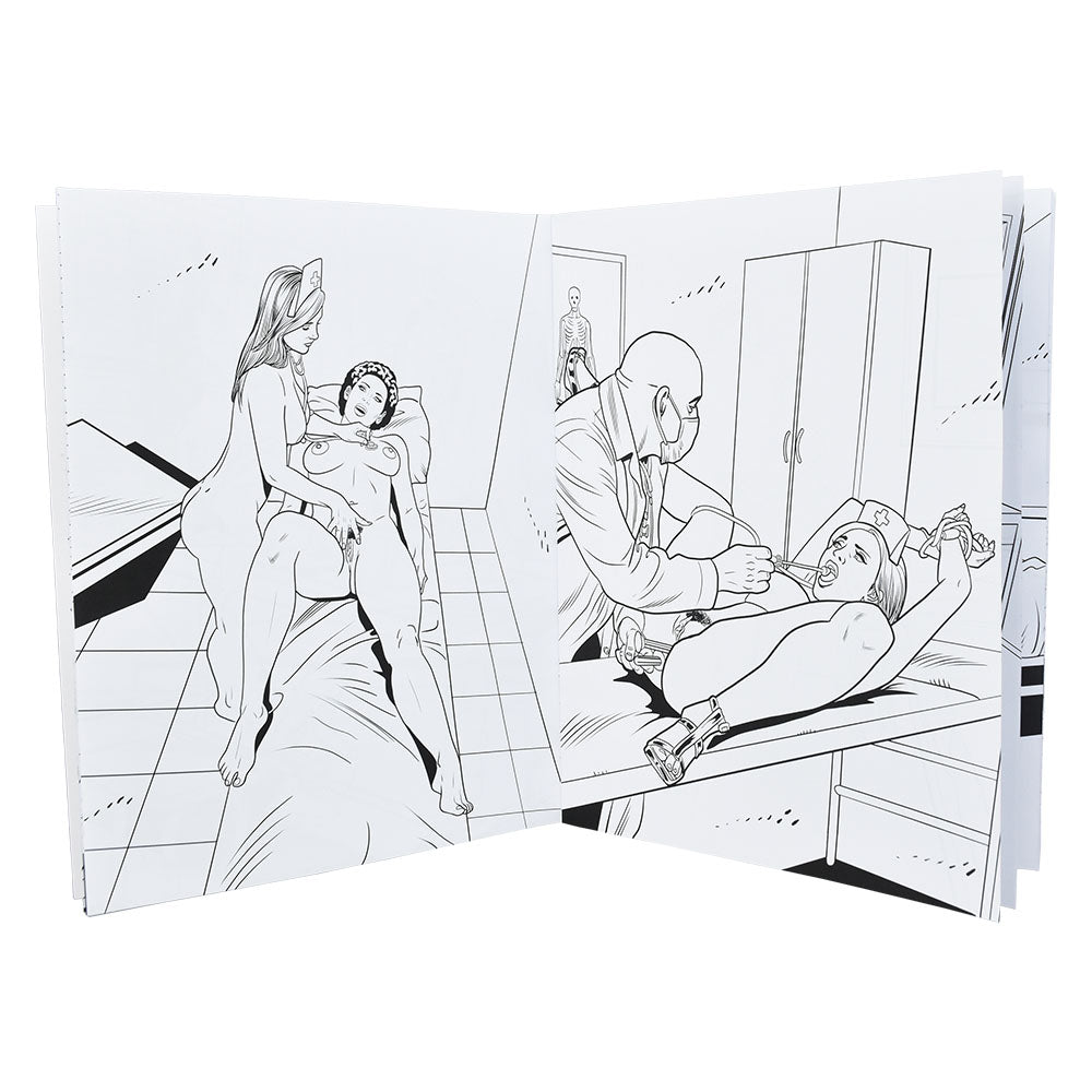 Wood Rocket XXX Nurses Coloring Book open to adult illustrations, 8.5" x 11", perfect for stoner-dad gift