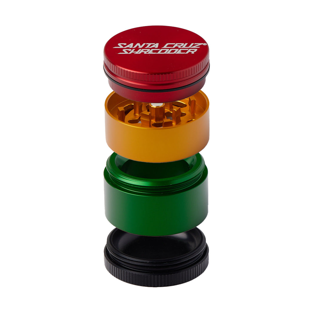 Santa Cruz Shredder Medium 4-Piece Grinder in Rasta Colors, Front View, Portable Aluminum Design