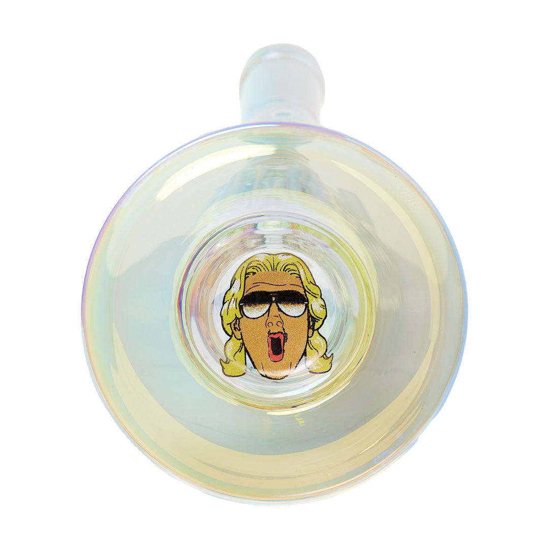 Ric Flair Drip Water Pipe top view showcasing the 14mm colored glass bowl with iconic print