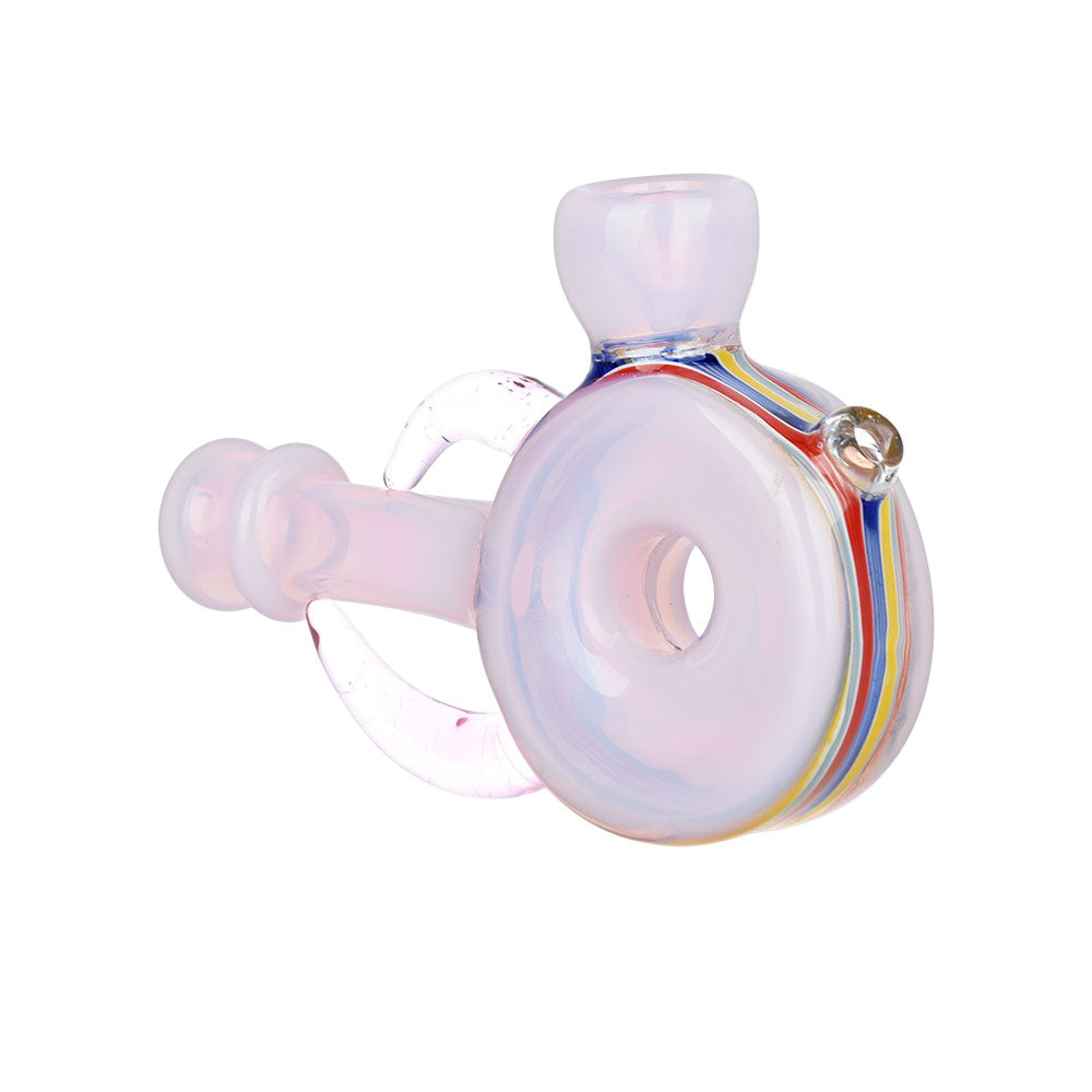 A Call To Whimsy 5" Circular Pink Hand Pipe, Compact Borosilicate Glass, Side View
