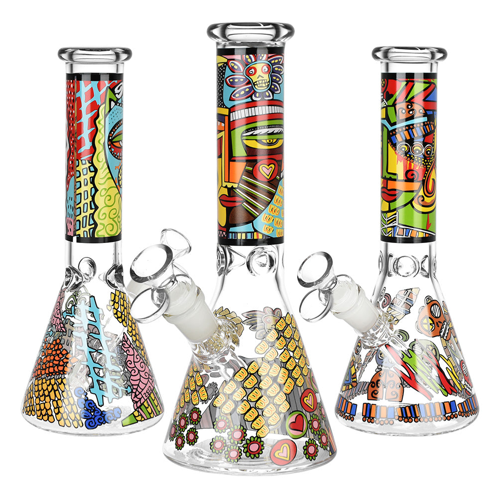 Colorful Abstract Art Beaker Water Pipes, 9.75" tall, 14mm female joint, Borosilicate Glass, front view