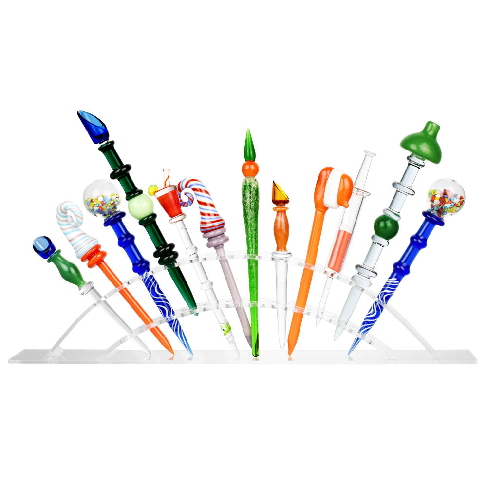 Acrylic Dab Tool Display Stand showcasing various colorful dab tools in a front view